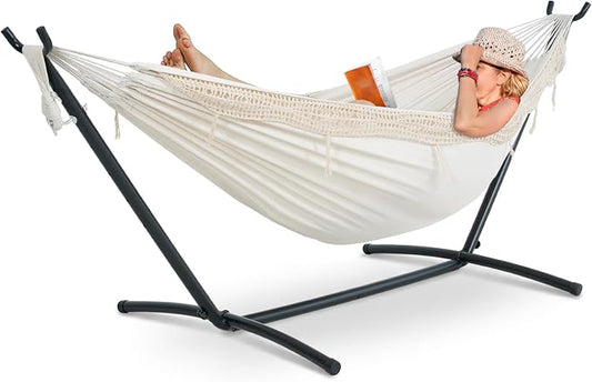 Lazy Daze Hammocks 9FT Double Hammock with Sturdy Steel Stand and Durable Fabric, Camping Lace Hammocks Include Portable Carrying Case, 450 LBS Capacity