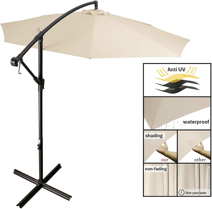 MEWAY 10ft Outdoor Umbrella Patio Offset Cantilever Umbrella, Large Market Deck Pool Backyard Sunshade Umbrella with 8 Sturdy Ribs, Crank & Cross Base