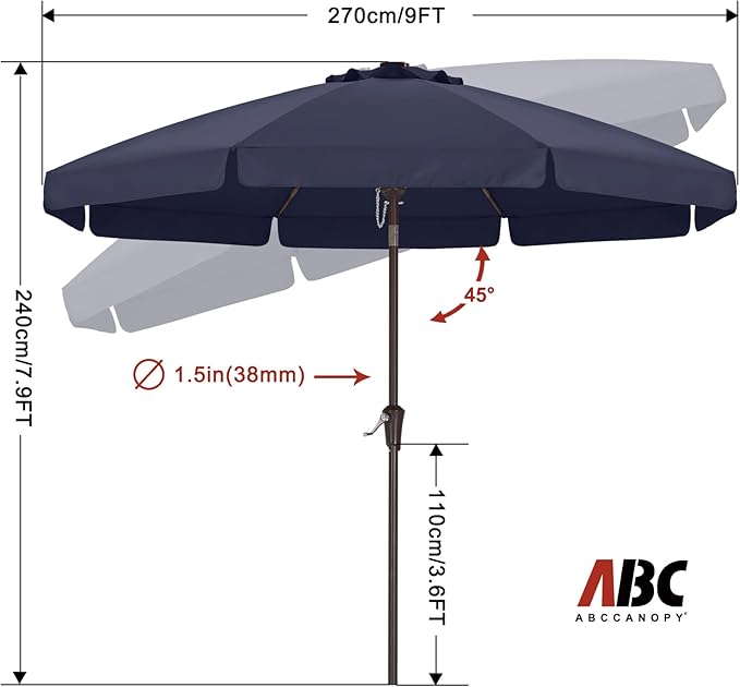 ABCCANOPY 9ft Scalloped Patio Umbrella, Outdoor Table Umbrella with Tilt and Crank, Fiberglass Ribs Deck Umbrella for Patio, Pool, Garden, Picnic (Tibetan Blue)