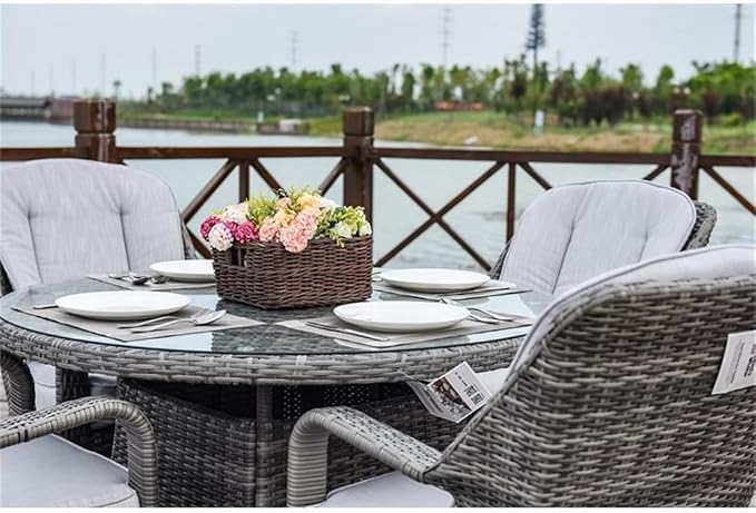 Pemberly Row 5-Piece Round Aluminum Rattan Outdoor Dining Set, Gray, Tempered Glass Table, All-Weather Wicker, Soft Cushioned Chairs, Modern Patio Furniture for Backyard or Garden