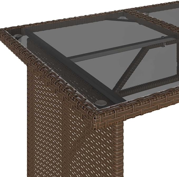 Modern Outdoor Dining Table with Tempered Glass Top and Black Poly Rattan Frame on Powder Coated Steel Base for Patio Garden