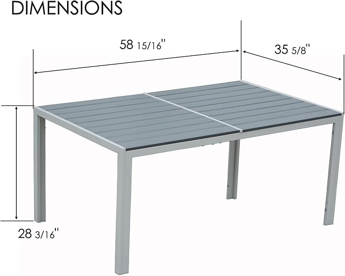 Kozyard Coolmen Outdoor Patio Indoor Dining Table Rectangle 58.9" L × 35.6" W Land Wood Like Laminate Tabletop for 6 People Porch Balcony Garden Gray