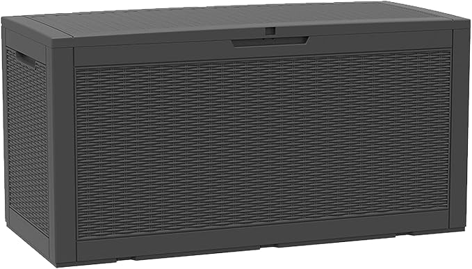 Modern-Depo 100 Gallon Deck Box Waterproof Outdoor Storage Bench | Polypropylene PP Garden Tools Pool Towel Storage Bin Porch Delivery Box, Black