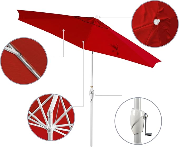 California Umbrella 12-Year Protection 9' Rd Aluminum Patio Umbrella, Crank Lift, Auto Tilt, White Finish, Sunbrella Jockey Red