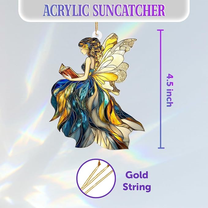 Fairy Stained Glass Style Acrylic Suncatcher, Fairy Ornament Window Hanging, Book Lover Gift for Women, Fantasy Fairy Decor, Book Lover, Librarian Gifts, Christmas Tree Ornament 4.5 Inch(Sun-01)