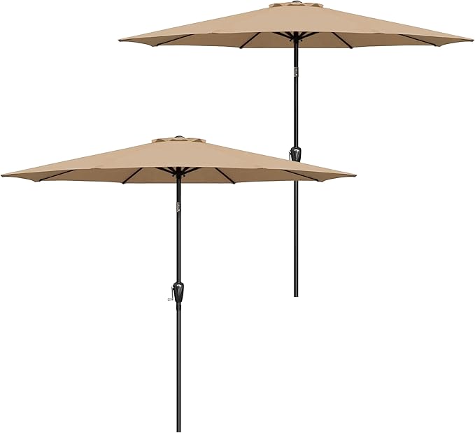 Simple Deluxe 2 Pack 9FT Outdoor Patio Umbrella Table Market Umbrella with Push Button Tilt and Crank, 8 Sturdy Ribs, UV Protection Waterproof for Garden, Lawn, Deck, Backyard, Pool,Tan