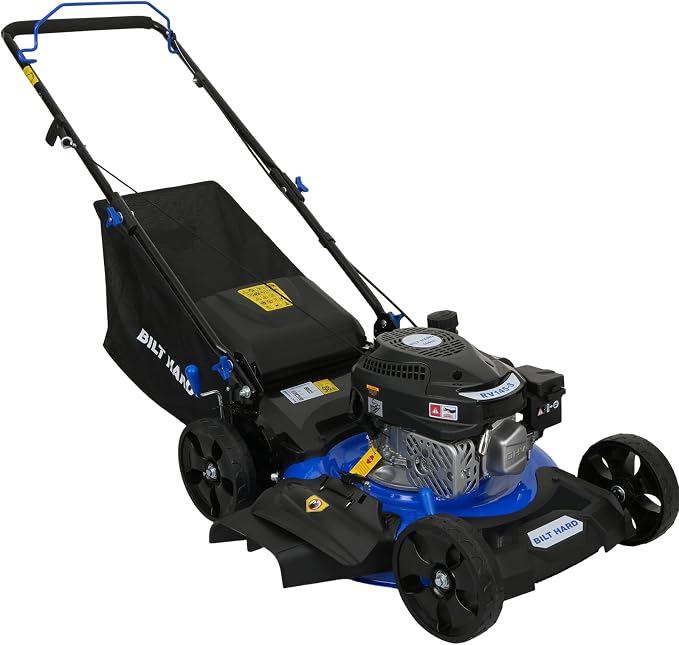 BILT HARD 21 Inch Lawn Mower Gas Powered, 4-Cycle 144cc Engine, 3-in-1 Push Lawnmower with Bagging, Mulching & Side Discharge, Adjustable 8-Positions Cutting Height, Easy Start