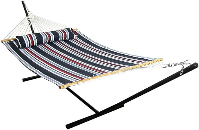 Sunnydaze Quilted Double Hammock with Stand for Outside - 350-Pound Capacity 2-Person Hammock with Stand - 12-Foot Stand - Nautical Stripe