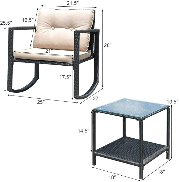Tangkula 3 Pieces Patio Wicker Rocking Set, Outdoor Rocking Chairs and Table Set with Cushions, Glass Coffee Table with Storage Shelf, Suitable for Patio, Garden, Poolside, Balcony (Beige)