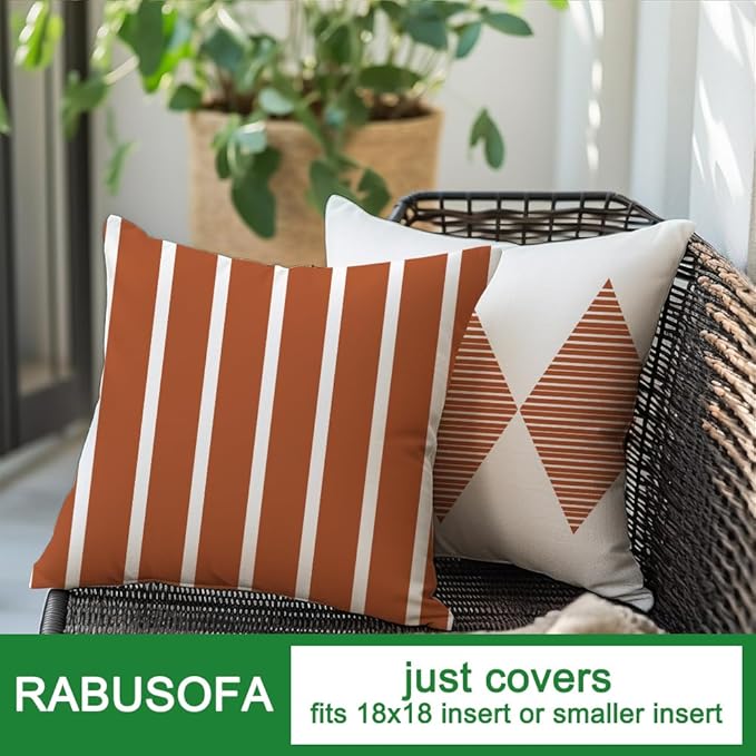 RABUSOFA Outdoor Pillows Covers 18x18 inch Waterproof,Fall Rust and Beige Boho Cushion Cases Set of 4 for Patio Furniture Sunbrella Couch(2R-18) (Rust and Beige, 18" x 18" (Pack of 4))