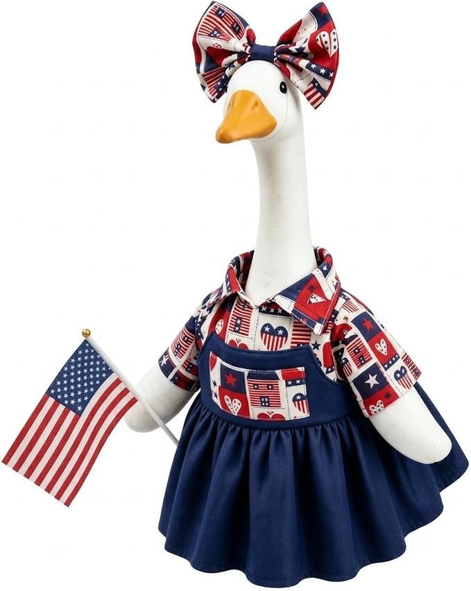 4th of July Porch Goose Outfit with Flag & Bow, 23" Patriotic Lawn Cement Goose Clothes for Independence Memorial Day, US 250th Anniversary Decoration, Best Gift for Mom Grandma