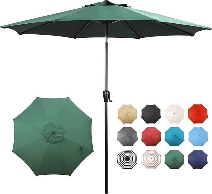 Sun-Ray 9' Round Patio Umbrella with Push-Button Tilt and Hand Crank Lift System, Market Umbrella for Porch, Deck, and Patio