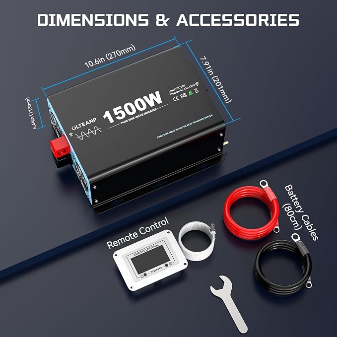 1500W Pure Sine Wave Power Inverter with Transfer Switch, 12V DC to 120V AC Converter, 3000W Peak, Auto Switch to Shore Power, Remote LCD Controller, USB & Type-C for RV, Truck, Off-Grid