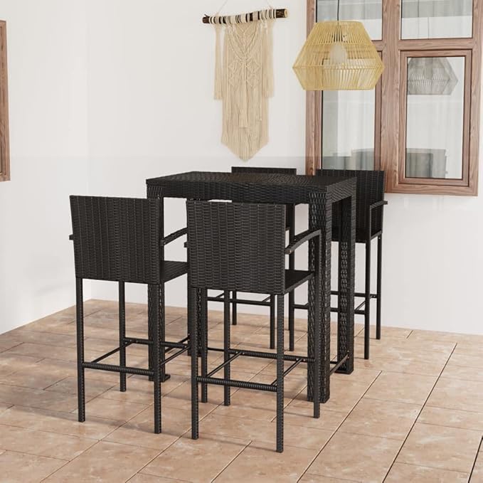 5 Piece Patio Bar Set, Porch Furniture Set Garden Lounge Set Patio Conversation Set Outdoor Dining Sets for Garden Poolside Piazza Negotiation Area with Armrest Poly Rattan Black