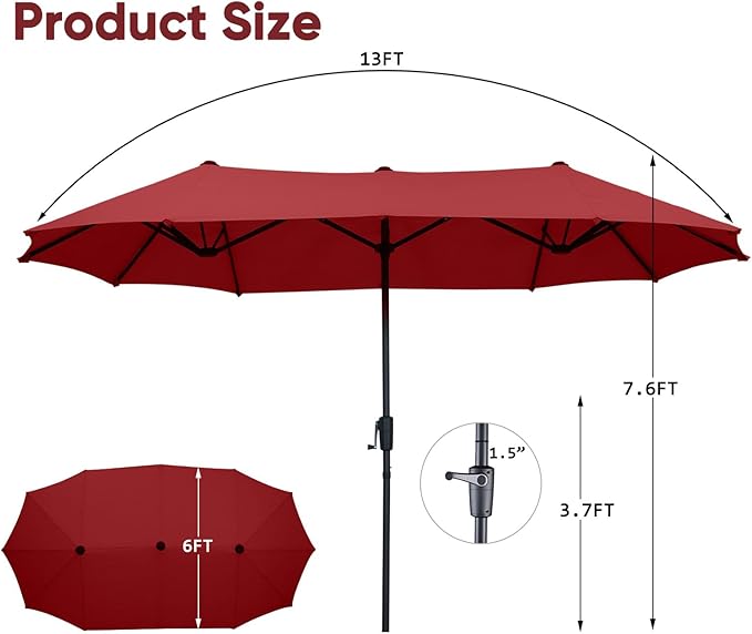 13Ft Large Patio Umbrella Outdoor Double-Sided Market Umbrella w/Easy Crank for Yard, Poolside, Deck, Red