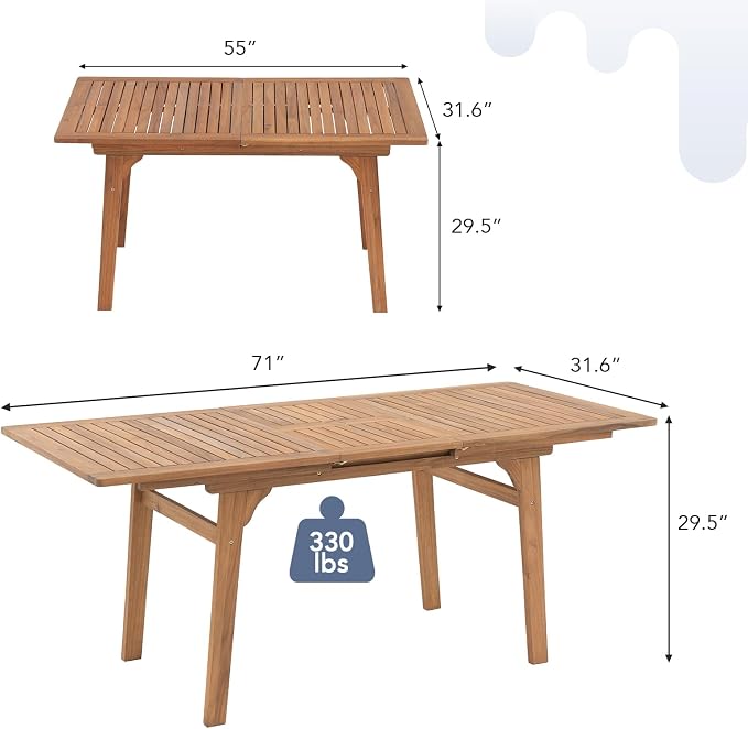 OC Orange-Casual Outdoor Acacia Wood Expandable Table for 6-8, Wooden Rectangular Table with Umbrella Hole and Slat Design, for Patio, Deck, Porch, Backyard, Natural