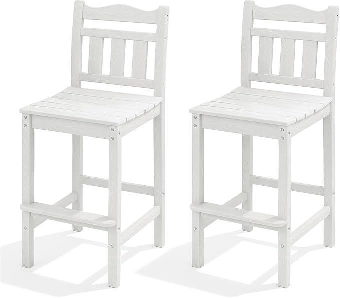 Outdoor Bar Stools Set of 2, HDPE Tall Adirondack Bar Chairs 27.5 Inch Seat Height w/Backrest, All Weather Patio Bar Height Chairs for Bistro Balcony Deck Poolside (White)