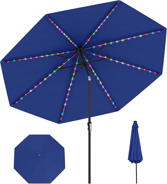 Tangkula 10 FT Solar Patio Umbrella, Outdoor Market Table Umbrella with 96 Multi-Colored Flowing LED Lights, 9 Modes, Tilt Adjustment, Crank Handle, 8 Ribs, Vented Top for Backyard Poolside Deck Lawn