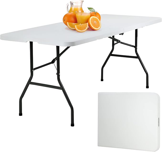 PayLessHere Folding Table Plastic Picnic Table for Parties Wedding Camping Office with Carrying Handle (White, 6 FT)