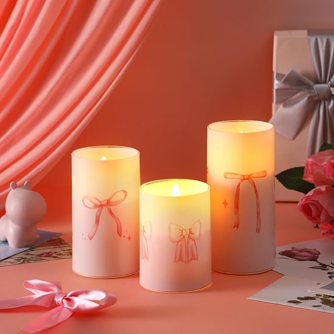Tujoe 3 Pcs Valentines Flameless LED Candle with Remote Coquette Pink Bow Candles Pillar Candle Set Battery Operated Romantic Valentine Decorations for Home Wedding Bachelorette Bridal Birthday