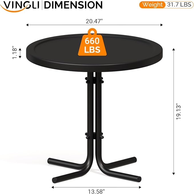 VINGLI Outdoor Side Table, Round Metal Patio Side Table End Table for Garden, Balcony, Porch and Living Room, Black