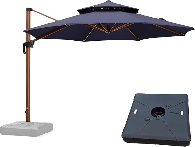 PURPLE LEAF 11 Feet Wood Pattern Round Patio Umbrella With Base Double Top Deluxe Umbrellas Cantilever Outdoor Umbrella Garden Umbrellas Deck Pool Umbrella, Spectrum Indigo