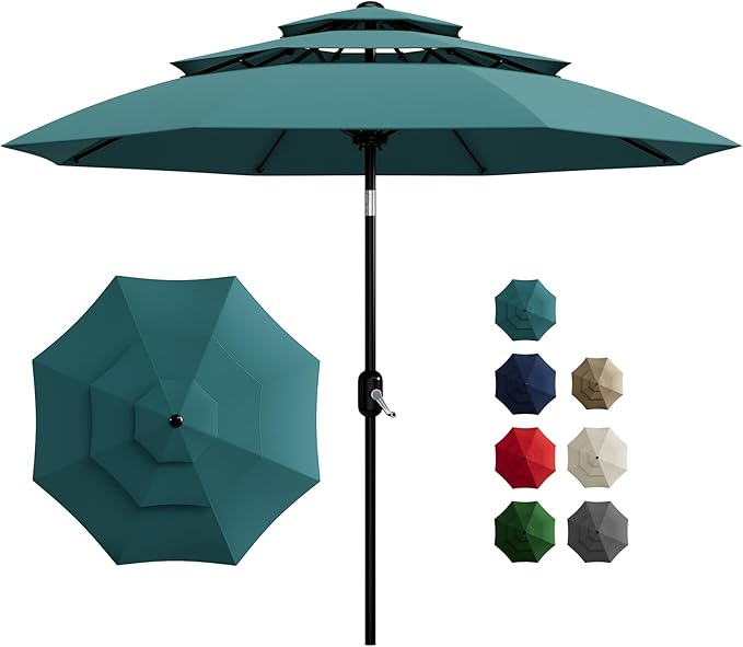 Garvee 10Ft 3-Tier Patio Umbrella, Outdoor Table Umbrella with Vents, Easy Crank and Push Button Tilt, Market Umbrella with 8 Sturdy Ribs for Pool, Deck, Yard, Garden -Turquoise