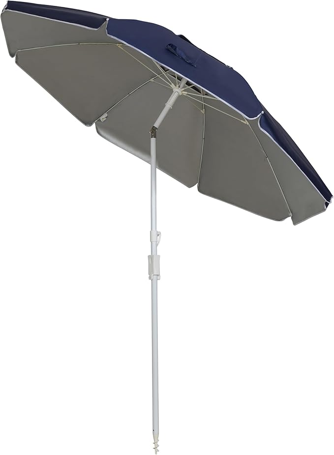 Beach Umbrellas for Sand Heavy Duty Wind Portable,7ft Outdoor Umbrella with Sand Anchor,Tilt and UV 50+ Protection, Includes Carry Bag for Beach, Patio, and Garden,Polyester Fabric with Silver Coating, Navy Blue