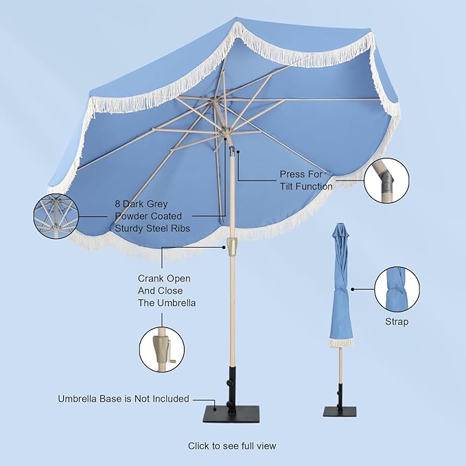 Tempera 9ft Blue Scalloped Patio Umbrella with Fringe,UV Protection Fade Resistant Canopy, 8 Sturdy Ribs, Outdoor Table Umbrella with Crank Tilt for Lawn, Pool, Deck, Balcony