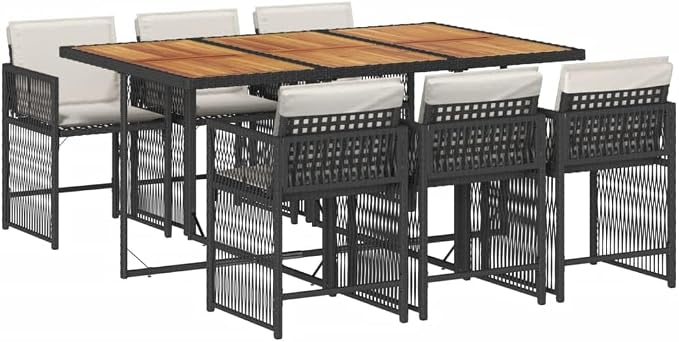 7 Piece Outdoor Dining Set Black Cream White Patio Furniture Set with Rectangle Table and 6 Chairs, UV Resistant Poly Rattan Acacia Wood Folding Design for Garden Backyard Balcony Entertaining