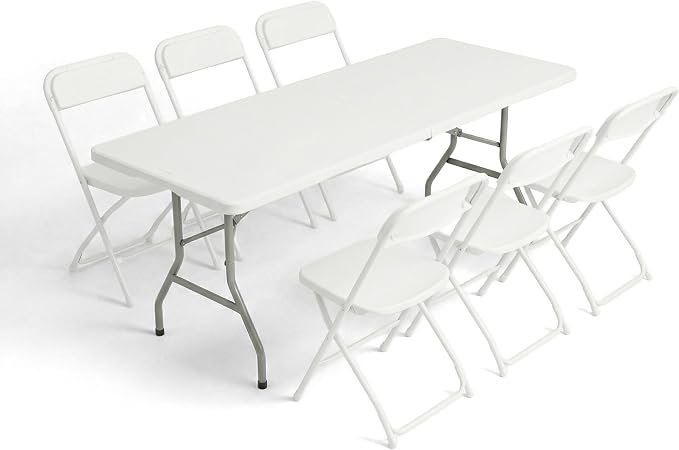 6 FT Folding Table Set with 6 White Plastic Folding Chairs, Heavy Duty Fold-in-Half Utility Table Sets for Picnic, Event, Training, Outdoor Activities, at Home and Commercial Use