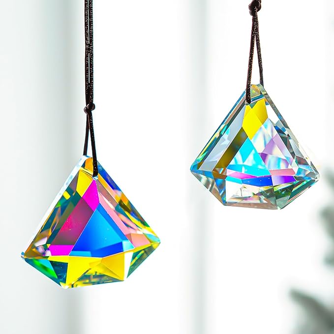 2 Pcs 1.9 Inch AB Crystal Prism Suncatcher Window Decor | AB Colored Crystal Prisms Sun Catcher Set of 2 Hanging Pendants for Window Indoor Home Garden Decor Rainbow Maker