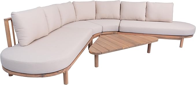 Christopher Knight Home Gemsy 118" Acacia Wood Outdoor Patio Furniture Set with Cushion, Outdoor Half Moon Curved Sectional Sofa Set with Coffee Table, Patio Sectional Sofa Set, Beige+Light Teak