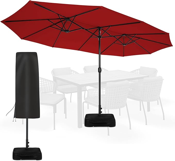 Sundale Outdoor Olefin 5-Year-Non-Fading 15 ft Patio Umbrella with Sand Bag Base and Cover, Large Outdoor Double-Sided Umbrella