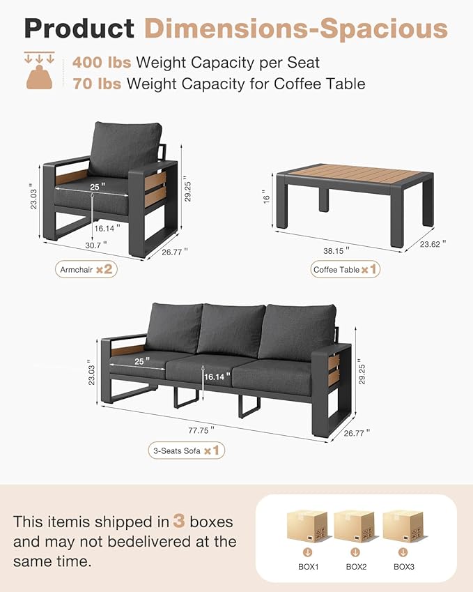 Aoxun Aluminum Patio Furniture Set, 5 Seats Luxury Outdoor Sectional with 6" Olefin Fabric Cushions, Patio Conversation Sets with Coffee Table Outdoor Sofas for Backyard, Deck, Dark Grey