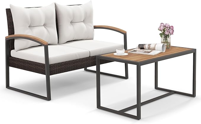 Tangkula 2 Pieces Patio Wicker Furniture Set, Heavy Duty Outdoor Cushioned Loveseat with Acacia Wood Coffee Table, for Backyard, Balcony, Deck and Poolside (Off White)