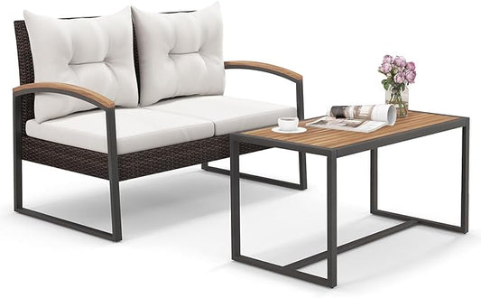 Tangkula 2 Pieces Patio Wicker Furniture Set, Heavy Duty Outdoor Cushioned Loveseat with Acacia Wood Coffee Table, for Backyard, Balcony, Deck and Poolside (Off White)