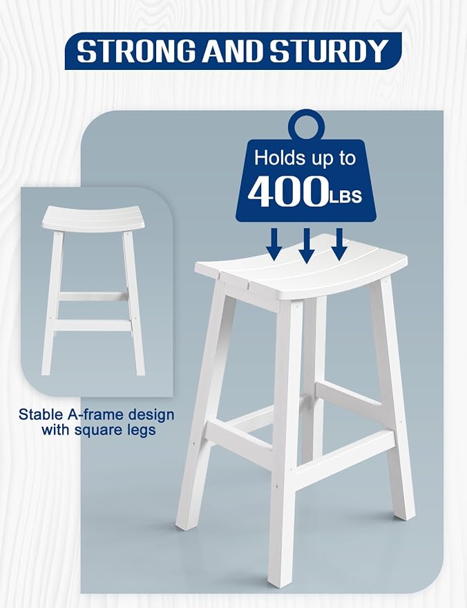 Weatherproof Bar Stools Set of 2, 28" Height Outdoor Bar Stools Holds up to 400 lbs, Saddle Seat, Bar Height Stools for Patio, Garden, and Kitchen Island, White