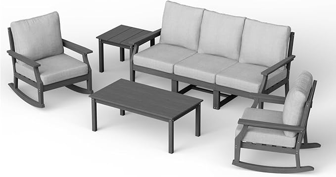 HDPE Patio Conversation Set, 7-Piece All Weather Outdoor Furniture Set with 2 Single Rocking Armchairs for Deck, Lawn, with Cushion, Gray