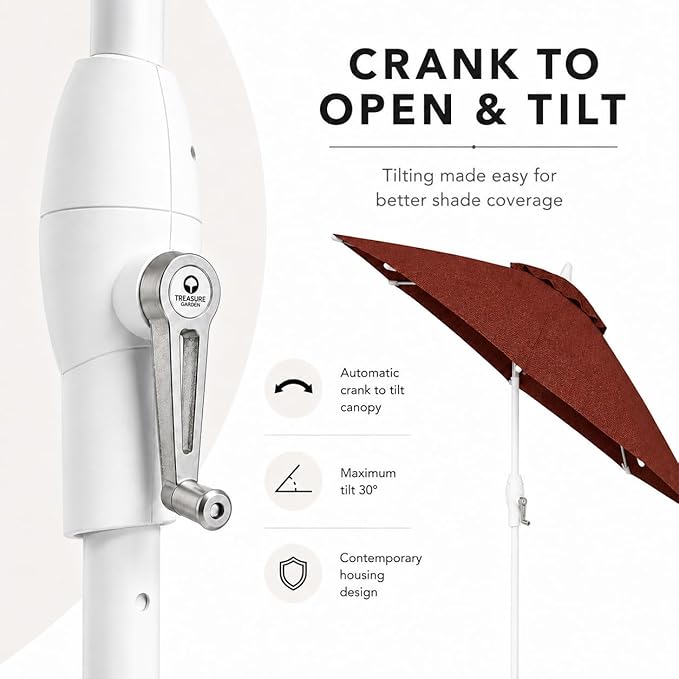 Treasure Garden 9ft Patio Umbrella - Outdoor Furniture Market Umbrella – Deluxe Auto-Tilt – White Aluminum Frame (Sunbrella, Henna)