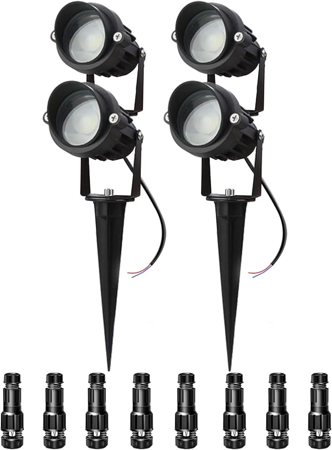 LAVAED 10W Landscape Lighting 12/24V Low Voltage Landscape Lighting LED Outdoor Spotlights 1000LM Waterproof Garden Uplights for Pathway,Patio,Yard,Flag,Tree(4Pack with Connectors)