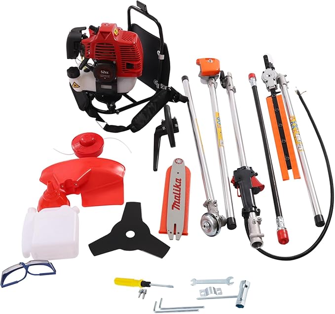 52cc 4-in-1 Gas Powered Backpack Multi Tool, String Trimmer, Brush Cutter, Hedge Trimmer & Pole Saw, 2-Stroke 8500 RPM Gas Weed Wacker for Lawn, Yard, Garden Pruning & Landscaping