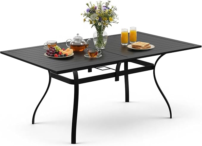 63" Outdoor Patio Dining Table for 6, Rectangular Metal Table with Umbrella Hole, Weather-Resistant Slatted Table, Black