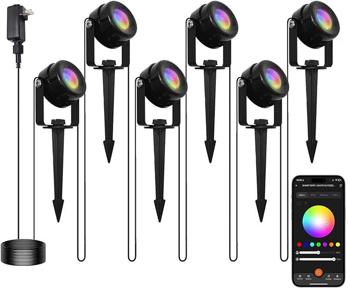 HISTAR Low Voltage Landscape Lighting with Bluetooth App Control & Remote, Outdoor Spot Lights for Fence Tree Pathway Lawn Decor, IP65 Waterproof All-in-One Permanent Outdoor Lights (6pack-RGBW)