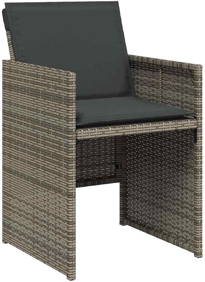 9 Piece Patio Dining Set with Cushions Gray Poly Rattan Outdoor Furniture Table with Acacia Wood Top 8 Folding Chairs UV-Proof for Garden Backyard Relaxing