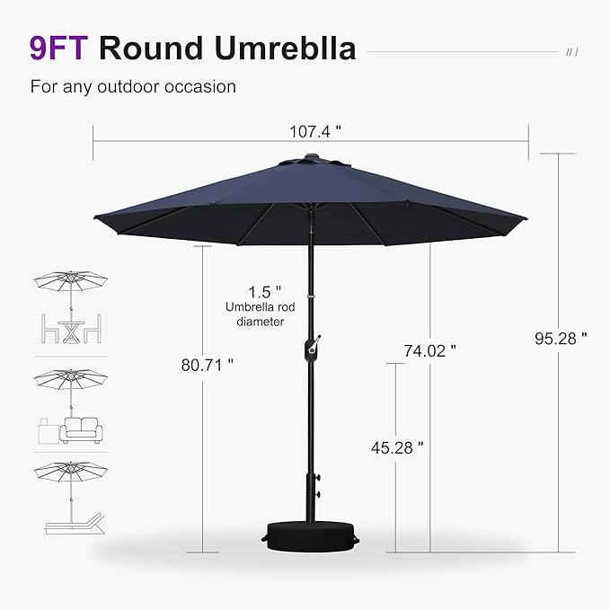 PURPLE LEAF 9' Round Patio Umbrella Outdoor Table Umbrella Aluminum Frame Market Umbrella with 8 Sturdy Ribs & Tilt for Garden Deck Lawn Pool Navy Blue
