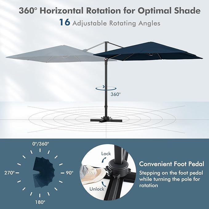 Tangkula 9.5 FT Cantilever Patio Umbrella, Outdoor Square Offset Umbrella with 360° Rotation, Heavy Duty Patio Hanging Umbrella with Cross Base for Garden Deck Pool Backyard (Navy)