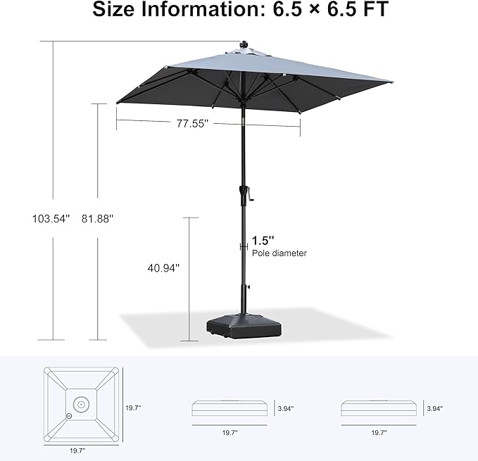 PURPLE LEAF 6.5' x 6.5' Square Patio Market Umbrella with Base Outdoor Table Umbrellas Aluminum Frame Sun Shade with 8 Sturdy Ribs Tilt for Garden Deck Lawn Pool Light Gary