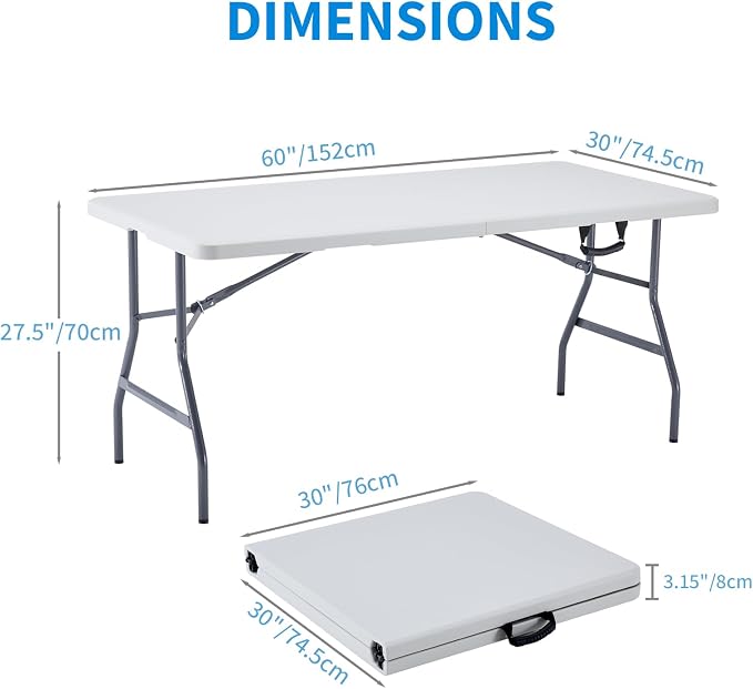 KAIHAOWIN Plastic Folding Table-5ft Fold in Half Picnic Table with Carrying Handle for Indoor Outdoor Camping Wedding Laundry Party-White