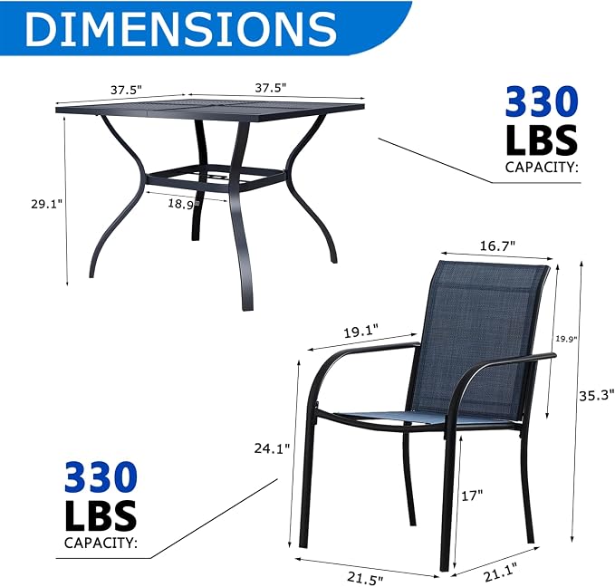 5-Piece Outdoor Dining Set, Square Metal Table with Dark Blue Chairs, Black Patio Table with Umbrella Hole for Garden, Yard, Patio